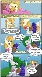 Size: 2508x4550 | Tagged: safe, artist:calamity-studios, derpibooru import, oc, oc:bunny beat, unofficial characters only, earth pony, pony, unicorn, comic:black star tales, bag, bed, blanket, bowl, clothes, comic, grin, note, pillow, saddle bag, smiling