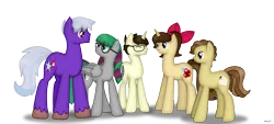 Size: 2000x900 | Tagged: safe, artist:99999999000, derpibooru import, oc, oc:cwe, oc:firearm king, oc:li anna, oc:mar baolin, oc:zhang cathy, earth pony, pegasus, pony, unicorn, female, glasses, male, simple background, smiling