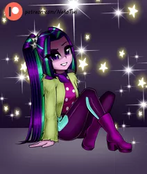 Size: 1100x1300 | Tagged: safe, artist:nekojackun, derpibooru import, aria blaze, equestria girls, equestria girls series, find the magic, spoiler:eqg series (season 2), alternate clothes, ariabetes, clothes, cute, female, jacket, looking at you, patreon, patreon logo, pigtails, polka dots, sitting, smiling, solo, twintails