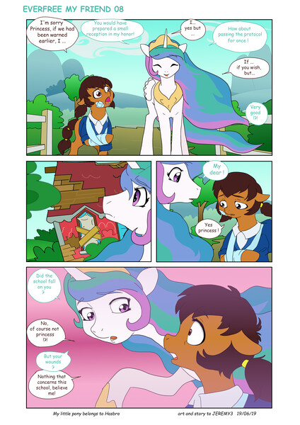 Size: 5784x8176 | Tagged: safe, artist:jeremy3, derpibooru import, princess celestia, oc, oc:miss becky, alicorn, earth pony, pony, comic:everfree, comic:everfree my friend, bandage, bush, cast, clothes, comic, school, tree