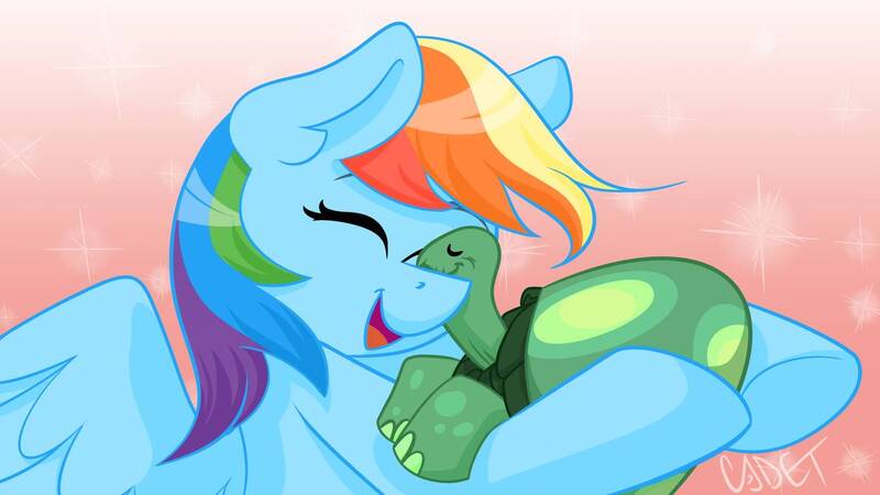 Size: 1192x670 | Tagged: safe, artist:cadetredshirt, derpibooru import, rainbow dash, tank, pegasus, pony, tortoise, cell shaded, cute, dashabetes, ear fluff, eyes closed, gradient background, hug, hugging a pony, nuzzling, redraw, smiling, wings