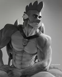 Size: 1080x1331 | Tagged: abs, artist needed, buff, chad, chad spike, derpibooru import, dragon, gigachad, gigachad spike, grayscale, jewelry, lidded eyes, male, medal, meme, /mlp/, monochrome, muscles, necklace, older, older spike, safe, sitting, smiling, smirk, solo, spike, stupid sexy spike, that was fast, the last problem, vein, winged spike