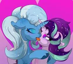 Size: 4624x4077 | Tagged: suggestive, artist:lunarcipher1, derpibooru import, starlight glimmer, trixie, pony, unicorn, absurd resolution, beautiful, bedroom eyes, blushing, drool, duo, embrace, eyes closed, female, floppy ears, french kiss, heart, heart background, kissing, lesbian, long mane, looking at each other, making out, mare, sexy, shipping, startrix, tongue out, wingding eyes