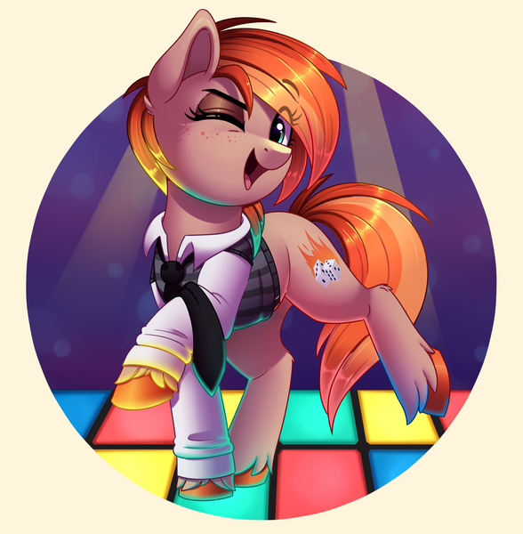 Size: 2035x2078 | Tagged: safe, artist:thegamblehorse, deleted from derpibooru, derpibooru import, oc, oc:parlay, unofficial characters only, earth pony, pony, clothes, cute, dance floor, dancing, female, freckles, mare, necktie, one eye closed, shirt, solo, unshorn fetlocks, vest, wink
