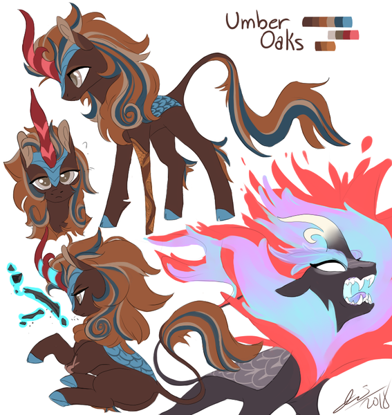 Size: 850x900 | Tagged: safe, artist:artsy fartsy art, artist:creeate97, derpibooru import, oc, oc:umber oaks, unofficial characters only, kirin, nirik, amputee, brown coat, brown mane, cloven hooves, colored hooves, image, kirin oc, orange mane, png, reference sheet, signature, simple background, solo, white background