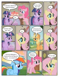 Size: 612x792 | Tagged: safe, artist:newbiespud, derpibooru import, edit, edited screencap, screencap, applejack, fluttershy, pinkie pie, rainbow dash, twilight sparkle, earth pony, parasprite, pegasus, pony, unicorn, comic:friendship is dragons, swarm of the century, cake, comic, dialogue, female, food, freckles, hat, mare, rearing, screencap comic, sugarcube corner, unicorn twilight