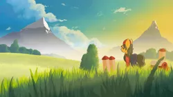 Size: 2880x1620 | Tagged: safe, artist:simonk0, derpibooru import, oc, oc:small block, unofficial characters only, pony, barn, clothes, commission, farm, farmer, giant pony, grass, hat, macro, male, morning, mountain, mountain range, overalls, scenery, shirt, solo, stallion, sunrise, tree