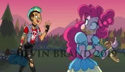 Size: 1280x740 | Tagged: safe, artist:bevin brand, deleted from derpibooru, derpibooru import, pinkie pie, oc, oc:copper plume, equestria girls, equestria girls series, sunset's backstage pass!, spoiler:eqg series (season 2), big honkin' watermark in the middle of everything, canon x oc, churros, clothes, collar, commission, commissioner:imperfectxiii, copperpie, duffle bag, ear piercing, eyebrow piercing, female, fingerless gloves, food, freckles, geode of sugar bombs, glasses, gloves, magical geodes, male, mohawk, music festival outfit, obtrusive watermark, official fan art, piercing, punk, ripped pants, shipping, shirt, shocked, straight, t-shirt, tattoo, vest, watermark, wristband