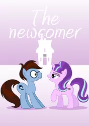 Size: 1102x1559 | Tagged: safe, artist:culu-bluebeaver, derpibooru import, starlight glimmer, oc, oc:bluehooves, earth pony, pony, unicorn, comic:the newcomer, comic cover, equal cutie mark, equal town, female, glasses, glimmooves, house, male, mare, s5 starlight, simple background, smiling, stallion, sweat