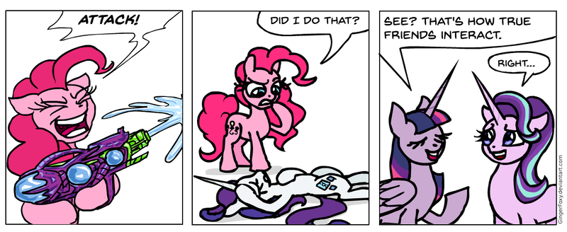 Size: 1174x481 | Tagged: safe, artist:gingerfoxy, derpibooru import, pinkie pie, rarity, starlight glimmer, twilight sparkle, twilight sparkle (alicorn), alicorn, earth pony, pony, unicorn, pony comic generator, comic, dialogue, squirt gun, text, water