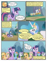 Size: 612x792 | Tagged: safe, artist:newbiespud, derpibooru import, edit, edited screencap, screencap, applejack, fluttershy, princess celestia, rainbow dash, rarity, twilight sparkle, alicorn, earth pony, pegasus, pony, unicorn, comic:friendship is dragons, big crown thingy, bowing, chariot, comic, dialogue, element of magic, female, flying, freckles, hat, jewelry, looking up, male, mare, peytral, regalia, royal guard, screencap comic, stallion, unicorn twilight