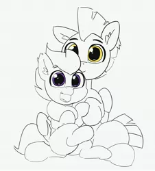 Size: 3520x3892 | Tagged: safe, artist:pabbley, derpibooru import, rumble, thunderlane, pegasus, pony, brothers, colt, duo, ear fluff, happy, looking at you, male, monochrome, neo noir, open mouth, partial color, siblings, simple background, sitting, smiling, stallion, white background