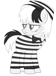 Size: 1656x2232 | Tagged: safe, artist:celestial-rue0w0, artist:lazuli, derpibooru import, oc, oc:bad karma, unofficial characters only, earth pony, pony, base used, clothes, commission, female, hat, jumpsuit, mare, prison outfit, prison stripes, prisoner, simple background, solo, transparent background