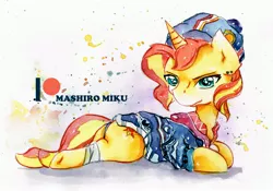 Size: 3437x2409 | Tagged: safe, artist:mashiromiku, derpibooru import, sunset shimmer, pony, unicorn, clothes, female, hat, lying down, mare, patreon, patreon logo, shirt, solo, traditional art, watercolor painting