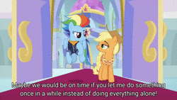 Size: 1920x1080 | Tagged: safe, derpibooru import, screencap, applejack, luster dawn, pinkie pie, rainbow dash, rarity, spike, twilight sparkle, twilight sparkle (alicorn), alicorn, earth pony, pegasus, pony, unicorn, the last problem, leak, animated, clothes, coat, crown, flying, hat, jacket, jewelry, like an old married couple, looking at each other, no sound, regalia, smiling, subtitles, talking, text, throne room, walking, webm, wings