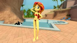 Size: 3840x2160 | Tagged: safe, artist:wissle, derpibooru import, sunset shimmer, equestria girls, equestria girls series, forgotten friendship, 3d, arm behind head, bare shoulders, belly button, bikini, bra, clothes, female, hand on hip, lounge chair, midriff, panties, pose, selfie, sexy, smiling, solo, source filmmaker, standing, sunset selfie, swimming pool, swimsuit, underwear, water