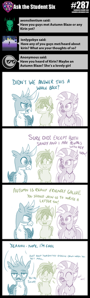 Size: 800x2647 | Tagged: safe, artist:sintakhra, derpibooru import, gallus, sandbar, silverstream, gryphon, hippogriff, pony, tumblr:studentsix, cute, diastreamies, eyes closed, female, gallus is not amused, grin, implied autumn blaze, implied kirin, male, sandabetes, smiling, unamused