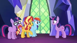 Size: 1920x1080 | Tagged: safe, derpibooru import, screencap, rainbow dash, sci-twi, sunset shimmer, twilight sparkle, twilight sparkle (alicorn), ponified, alicorn, pegasus, pony, unicorn, equestria girls, equestria girls series, spring breakdown, spoiler:eqg series (season 2), duality, equestria girls ponified, glasses, self ponidox, twolight, unicorn sci-twi