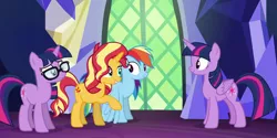 Size: 1660x829 | Tagged: safe, derpibooru import, screencap, rainbow dash, sci-twi, sunset shimmer, twilight sparkle, twilight sparkle (alicorn), ponified, alicorn, pegasus, pony, unicorn, equestria girls, equestria girls series, spring breakdown, spoiler:eqg series (season 2), duality, equestria girls ponified, glasses, raised hoof, self ponidox, twolight, unicorn sci-twi