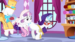 Size: 800x450 | Tagged: safe, derpibooru import, screencap, rarity, sweetie belle, pegasus, pony, growing up is hard to do, animated, cloth, clothes, eyes closed, gif, glasses, holding on, leg shaking, magic, magic glow, measuring tape, out of context, shake