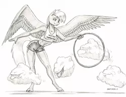 Size: 1400x1076 | Tagged: safe, artist:baron engel, derpibooru import, derpy hooves, anthro, pegasus, unguligrade anthro, behaving like a dog, clothes, cloud, colored hooves, female, grayscale, large wings, mare, midriff, monochrome, open mouth, pencil drawing, shorts, simple background, solo, tongue out, traditional art, wat, what has science done, white background, wings