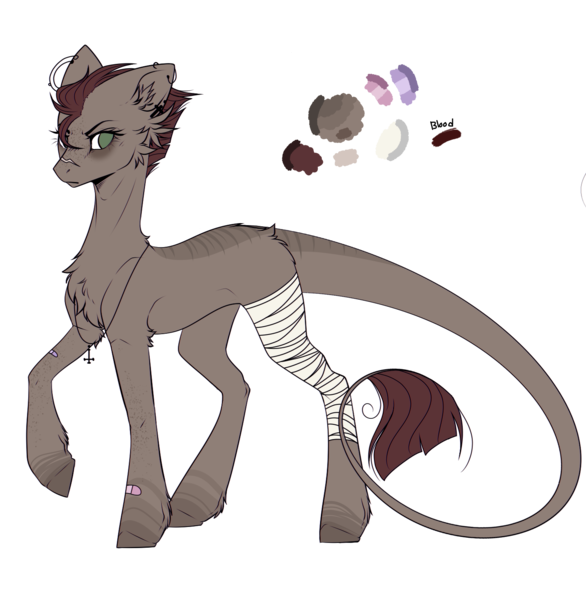 Size: 1468x1503 | Tagged: safe, artist:celestial-rue0w0, derpibooru import, oc, oc:dirty clover, unofficial characters only, earth pony, pony, bandage, bandaid, blank flank, chest fluff, cross, ear fluff, ear piercing, earring, female, freckles, jewelry, leonine tail, mare, markings, necklace, piercing, raised hoof, reference sheet, scar, simple background, solo, transparent background