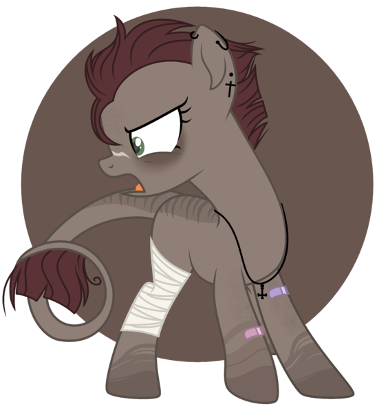 Size: 2356x2508 | Tagged: safe, artist:celestial-rue0w0, derpibooru import, oc, oc:dirty clover, unofficial characters only, earth pony, pony, bandage, bandaid, blank flank, cross, ear piercing, earring, female, jewelry, leonine tail, mare, markings, necklace, open mouth, piercing, raised hoof, scar, simple background, solo, transparent background