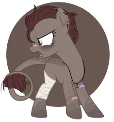 Size: 2356x2508 | Tagged: safe, artist:celestial-rue0w0, derpibooru import, oc, oc:dirty clover, unofficial characters only, earth pony, pony, bandage, bandaid, blank flank, cross, ear piercing, earring, female, jewelry, leonine tail, mare, markings, necklace, open mouth, piercing, raised hoof, scar, simple background, solo, transparent background