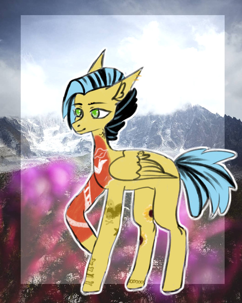 Size: 1728x2160 | Tagged: safe, artist:esgest, derpibooru import, oc, oc:sora seeds, unofficial characters only, pegasus, pony, icey-verse, commission, ear piercing, earring, eyebrow piercing, female, jewelry, magical gay spawn, mare, missing cutie mark, offspring, parent:braeburn, parent:soarin', parents:soarburn, piercing, raised hoof, solo, tattoo