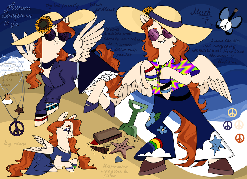 Size: 4001x2894 | Tagged: safe, artist:fallingstargazer, derpibooru import, oc, oc:aurora sunflower, unofficial characters only, pegasus, pony, starfish, beach, belt, bipedal, bracelet, choker, clothes, dress, female, filly, flats, flower, foal, harmonica, hat, jewelry, mary janes, musical instrument, necklace, ocean, pants, raised hoof, raised leg, reference sheet, sand, seashell, seashell necklace, shirt, shoes, skirt, solo, spade, sun hat, sundress, sunflower, t-shirt, water, wristband