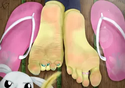 Size: 4000x2800 | Tagged: absurd resolution, angel bunny, anthro, artist:facelesssoles, barefoot, derpibooru import, feather, feet, fetish, fluttershy, foot fetish, foot focus, imminent tickles, nail polish, safe, sandals, soles, toe ring, toes