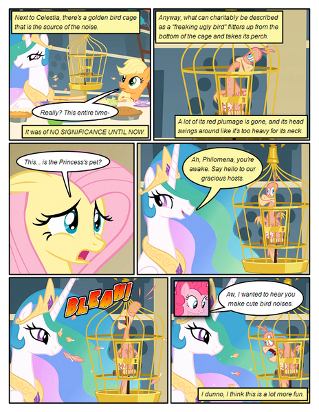 Size: 612x792 | Tagged: safe, artist:newbiespud, derpibooru import, edit, edited screencap, screencap, applejack, philomena, princess celestia, alicorn, earth pony, pegasus, phoenix, pony, comic:friendship is dragons, a bird in the hoof, big crown thingy, bird cage, comic, coughing, cupcake, dialogue, element of magic, female, food, freckles, jewelry, mare, onomatopoeia, peytral, pie, regalia, screencap comic