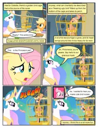 Size: 612x792 | Tagged: safe, artist:newbiespud, derpibooru import, edit, edited screencap, screencap, applejack, philomena, princess celestia, alicorn, earth pony, pegasus, phoenix, pony, comic:friendship is dragons, a bird in the hoof, big crown thingy, bird cage, comic, coughing, cupcake, dialogue, element of magic, female, food, freckles, jewelry, mare, onomatopoeia, peytral, pie, regalia, screencap comic