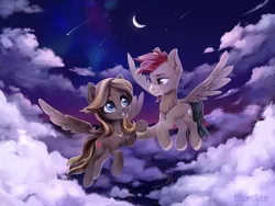 Size: 4000x3000 | Tagged: safe, artist:inowiseei, derpibooru import, oc, oc:caramel breeze, oc:sentinel strut, unofficial characters only, pegasus, pony, chest fluff, cloud, commission, female, flying, holding hooves, jewelry, looking at each other, male, moon, necklace, night, oc x oc, shipping, shooting star, straight