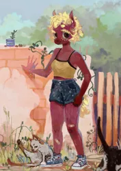 Size: 2480x3508 | Tagged: anthro, anthro oc, artist:wolfiedrawie, bandaid, cat, clothes, converse, denim shorts, derpibooru import, female, gate, looking at you, mare, oc, oc:chica, outdoors, safe, shoes, short hair, shorts, sneakers, standing, three quarter view, top, unofficial characters only