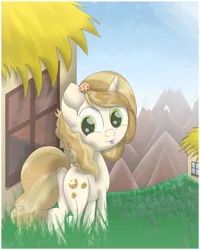 Size: 4000x5000 | Tagged: safe, artist:thevintagepone, derpibooru import, sweet biscuit, pony, unicorn, cute, female, grass, houses, looking at you, looking back, looking back at you, mare, mountain, mountain range, solo, tongue out