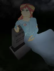 Size: 774x1032 | Tagged: safe, artist:scampy, derpibooru import, sunset shimmer, bird, duck, human, undead, zombie, fanfic:rise again, equestria girls, clothes, dress, fanfic art, grave, gravestone, graveyard