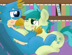 Size: 3300x2550 | Tagged: safe, artist:skyflys, derpibooru import, gallus, ocellus, sandbar, changedling, changeling, earth pony, gryphon, pony, background ocellus, book, bookshelf, boop, disguise, disguised changeling, female, gallbar, gay, gay in front of girls, inanimate tf, male, noseboop, objectification, shipping, sneak 100, snuggling, transformation, voyeurism, when you see it