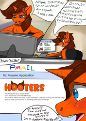 Size: 2480x3507 | Tagged: safe, artist:mcsplosion, derpibooru import, oc, oc:painterly flair, semi-anthro, unicorn, blushing, comic, computer, computer screen, desk, dialogue, email, failed a spot check, female, gmail, hooters, imminent embarrassment, office chair, smiling, sweat, website