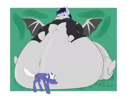 Size: 3484x2716 | Tagged: suggestive, artist:thetraktor, derpibooru import, oc, oc:hectorsky, unofficial characters only, bat pony, pony, unicorn, bat pony oc, bat wings, belly, belly button, bhm, big belly, fat, huge belly, impossibly large belly, large belly, male, morbidly obese, obese, size difference, wardrobe malfunction, wings