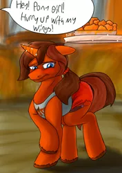 Size: 2480x3507 | Tagged: safe, artist:mcsplosion, derpibooru import, oc, oc:painterly flair, pony, unicorn, blurry background, blushing, blushing profusely, buffalo wings, chicken wings, comic, dialogue, embarrassed, female, food, glowing horn, hooters, horn, hot wings, levitation, looking down, magic, meat, offscreen character, offscreen human, ponies eating meat, ponytail, scrunchie, telekinesis, unshorn fetlocks, waitress