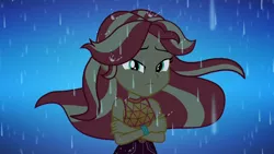 Size: 1910x1080 | Tagged: safe, derpibooru import, screencap, sunset shimmer, equestria girls, equestria girls series, let it rain, spoiler:eqg series (season 2), beautiful, crossed arms, female, geode of empathy, looking at you, magical geodes, night, rain, sleeveless, solo