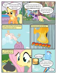 Size: 612x792 | Tagged: safe, artist:newbiespud, derpibooru import, edit, edited screencap, screencap, applejack, fluttershy, philomena, earth pony, pegasus, phoenix, pony, unicorn, comic:friendship is dragons, a bird in the hoof, ash, building, comic, dialogue, falling, female, flying, grin, hat, hoof hold, hooves, horn, mare, onomatopoeia, raised hoof, running, screencap comic, smiling, standing, upside down, wings