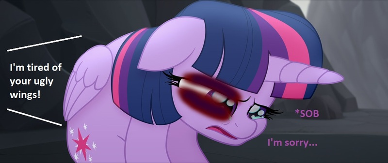 Size: 1280x539 | Tagged: abuse, abuse edit, alicorn, alicorn drama, background pony strikes again, black eye, derpibooru import, downvote bait, drama, edit, edited screencap, female, my little pony: the movie, oh shit, oh shit it's op, op wants attention, sad, screencap, semi-grimdark, twilight sparkle, twilight sparkle (alicorn), twilybuse, verbal abuse, why