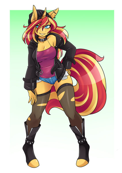 Size: 1800x2550 | Tagged: safe, artist:ambris, derpibooru import, sunset shimmer, anthro, unguligrade anthro, unicorn, beanie, boots, breasts, busty sunset shimmer, cleavage, clothes, collar, cute, daisy dukes, ear piercing, earring, eye clipping through hair, female, hat, hoof shoes, jacket, jewelry, leather jacket, leggings, looking at you, piercing, punk, shimmerbetes, shirt, shoes, shorts, smiling, solo, torn clothes