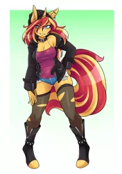 Size: 1800x2550 | Tagged: safe, artist:ambris, derpibooru import, sunset shimmer, anthro, unguligrade anthro, unicorn, beanie, boots, breasts, busty sunset shimmer, cleavage, clothes, collar, cute, daisy dukes, ear piercing, earring, eye clipping through hair, female, hat, hoof shoes, jacket, jewelry, leather jacket, leggings, looking at you, piercing, punk, shimmerbetes, shirt, shoes, shorts, smiling, solo, torn clothes