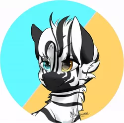 Size: 975x967 | Tagged: safe, artist:nikorieru, derpibooru import, oc, oc:lucatiel, unofficial characters only, zebra, bust, heterochromia, image, jpeg, portrait, smiling, solo