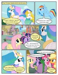 Size: 612x792 | Tagged: safe, artist:newbiespud, derpibooru import, edit, edited screencap, screencap, applejack, fluttershy, pinkie pie, rainbow dash, spike, twilight sparkle, dragon, earth pony, pegasus, pony, unicorn, comic:friendship is dragons, armor, comic, dialogue, female, flying, implied rarity, looking up, male, mare, royal guard, screencap comic, unicorn twilight