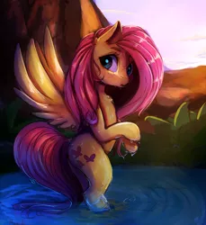 Size: 2000x2187 | Tagged: safe, artist:miokomata, derpibooru import, fluttershy, pegasus, pony, semi-anthro, bipedal, cute, female, looking back, mare, open mouth, shyabetes, solo, standing, standing in water, sweet dreams fuel, water, wet