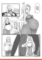 Size: 1125x1600 | Tagged: suggestive, artist:marrazan, derpibooru import, fluttershy, bat pony, human, bed, belly, belly button, blushing, bra, breasts, busty fluttershy, cleavage, clothes, comic, commission, dialogue, dress, expansion, female, flutterbat, fluttershy's cottage, humanized, long hair, mirror, nightgown, patreon, patreon commission, patreon logo, pillow, preggoshy, pregnant, pregnant expansion, purse, race swap, solo, solo female, surprised, sweater, sweatershy, tight clothing, turtleneck, underwear, waking up, word balloon